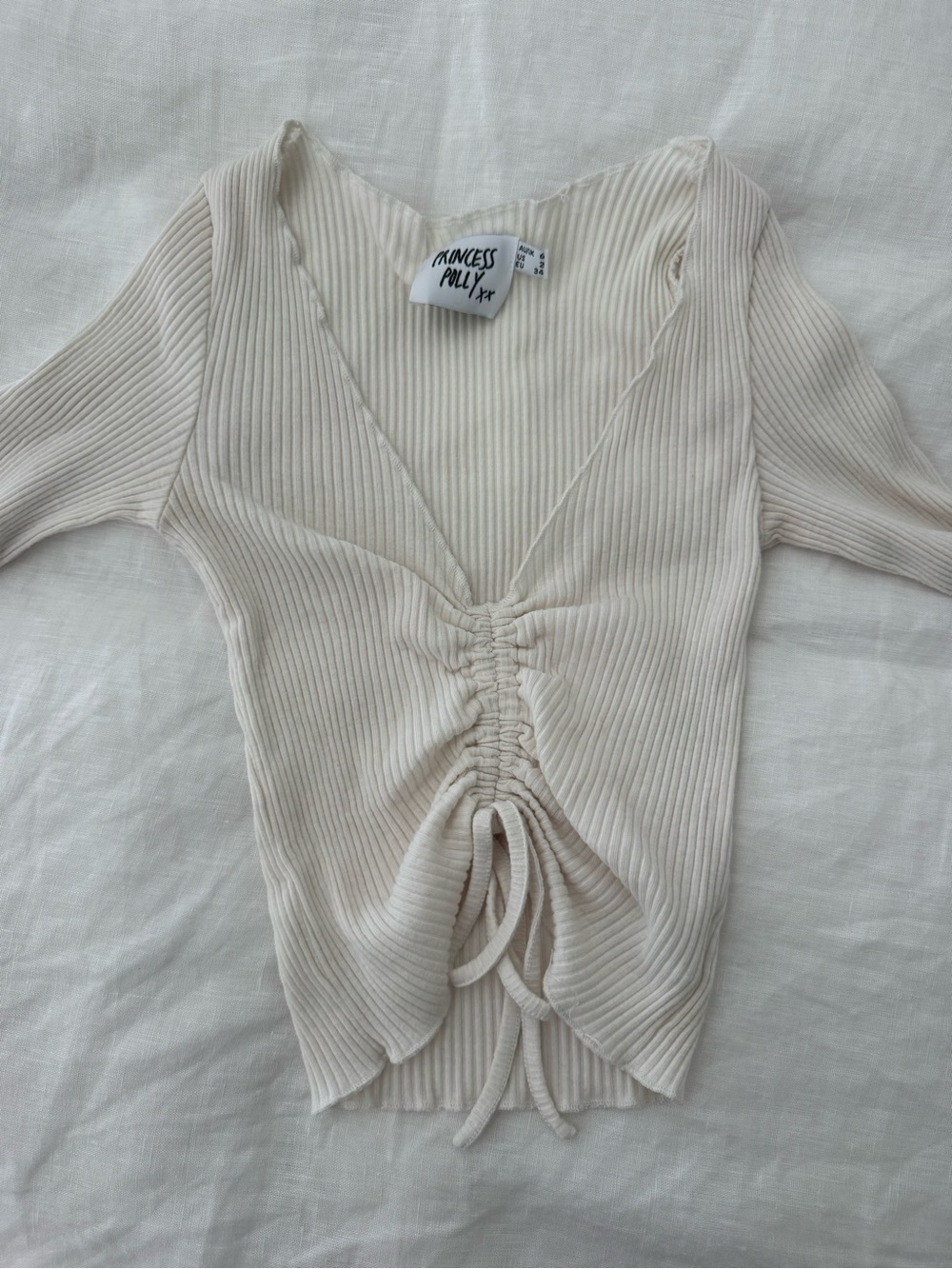 Princess Polly Cream Ribbed Ruched V-Neck Crop Top